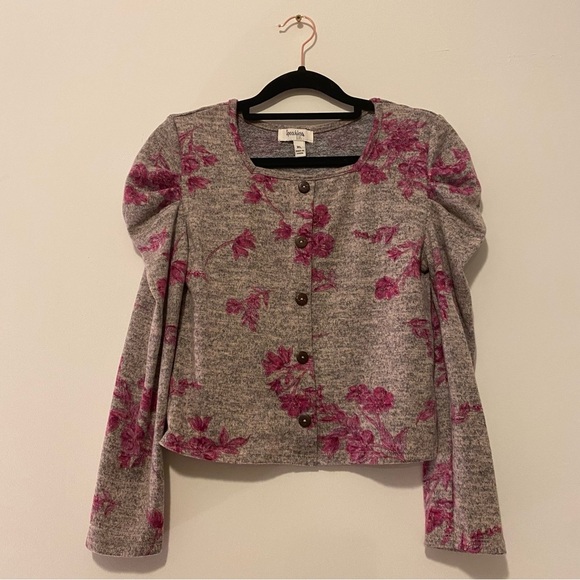 NWOT Girls XL Two Piece Grey Pink Floral Hacci Skirt Cardigan Set - Picture 2 of 15